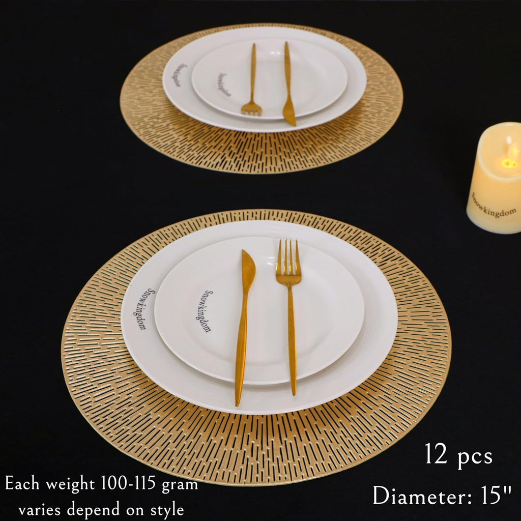 Round Gold Placemats, Gold Vinyl Metallic 15 Inch Round Placemat, Washable Wipeable Hollow Place Mats Non - Set of 12