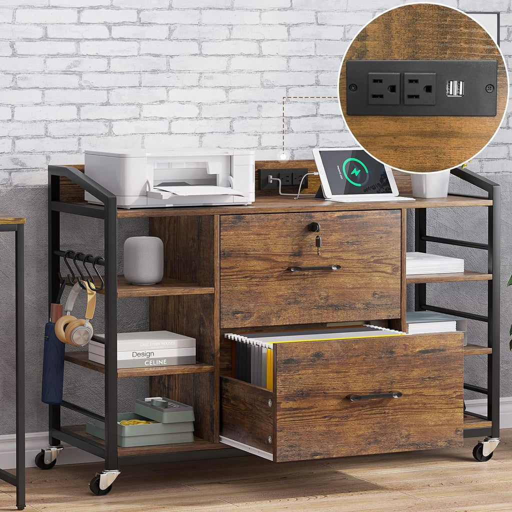 44" File Cabinet with Lock, Filing Cabinet fits Legal/Letter Size | Rustic Brown Lateral 2 Drawer Filing Cabinets