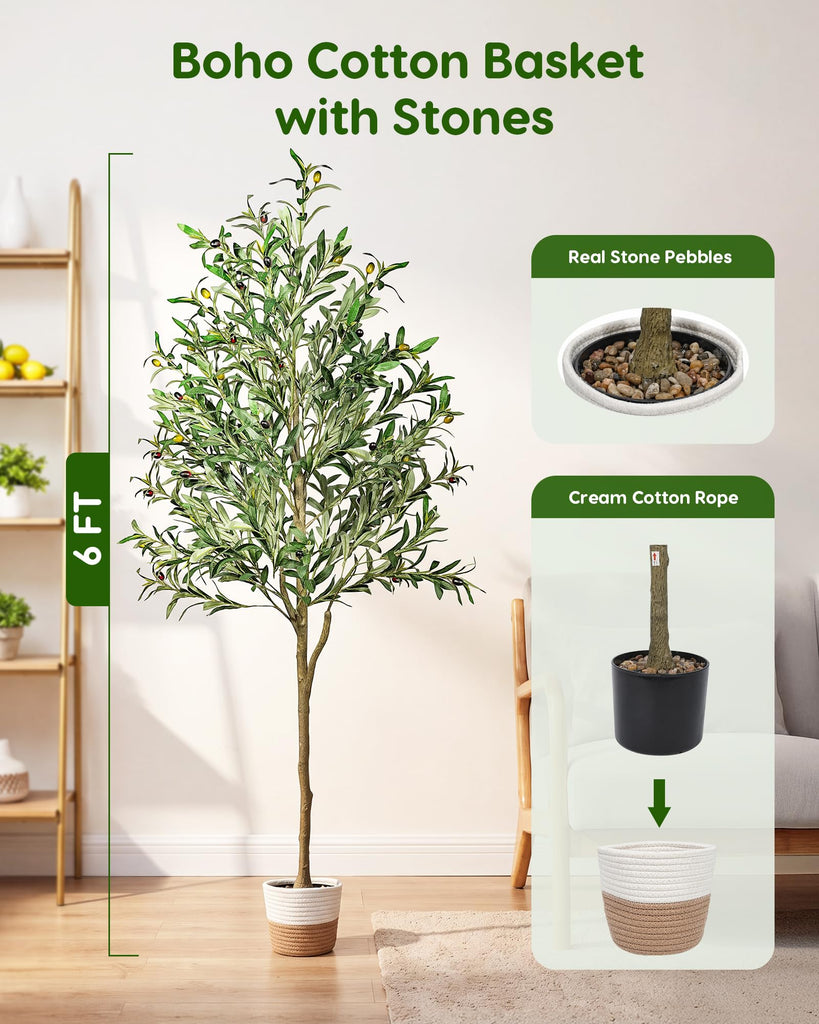 6FT Artificial Olive Tree Plants Indoor in Cotton Rope Basket with Natural Pebbles, Large Tall Faux Plant with