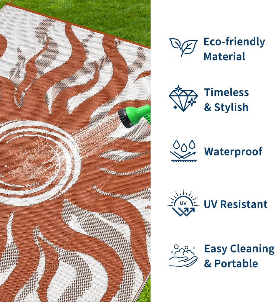 Outdoor Rug 9x12 Waterproof Patio Rugs with Boho Sun Pattern, Reversible Plastic Straw Camping Rugs Outdoor Indoor RV