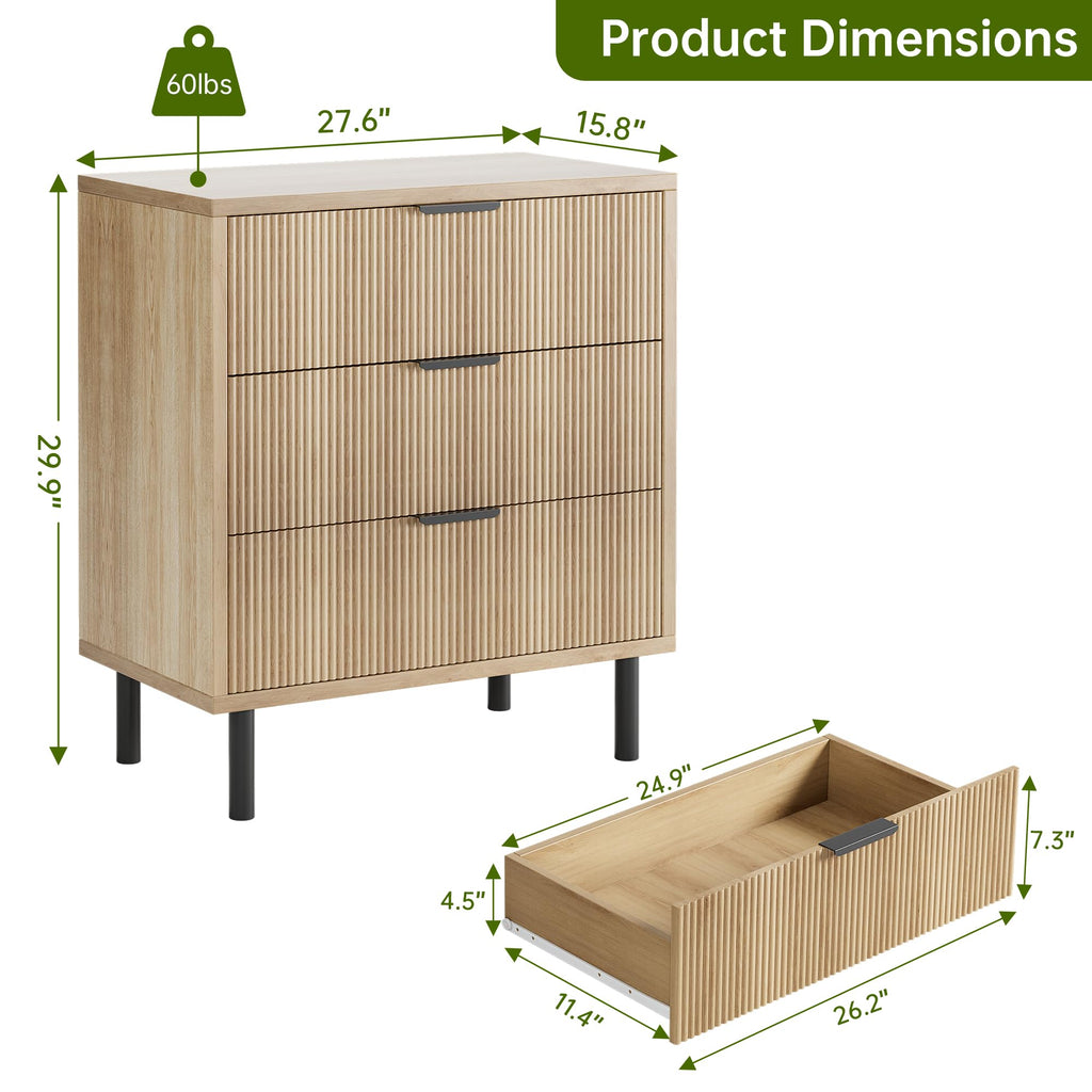 Fluted Dresser with 3-Drawer and Metal Legs, Oak