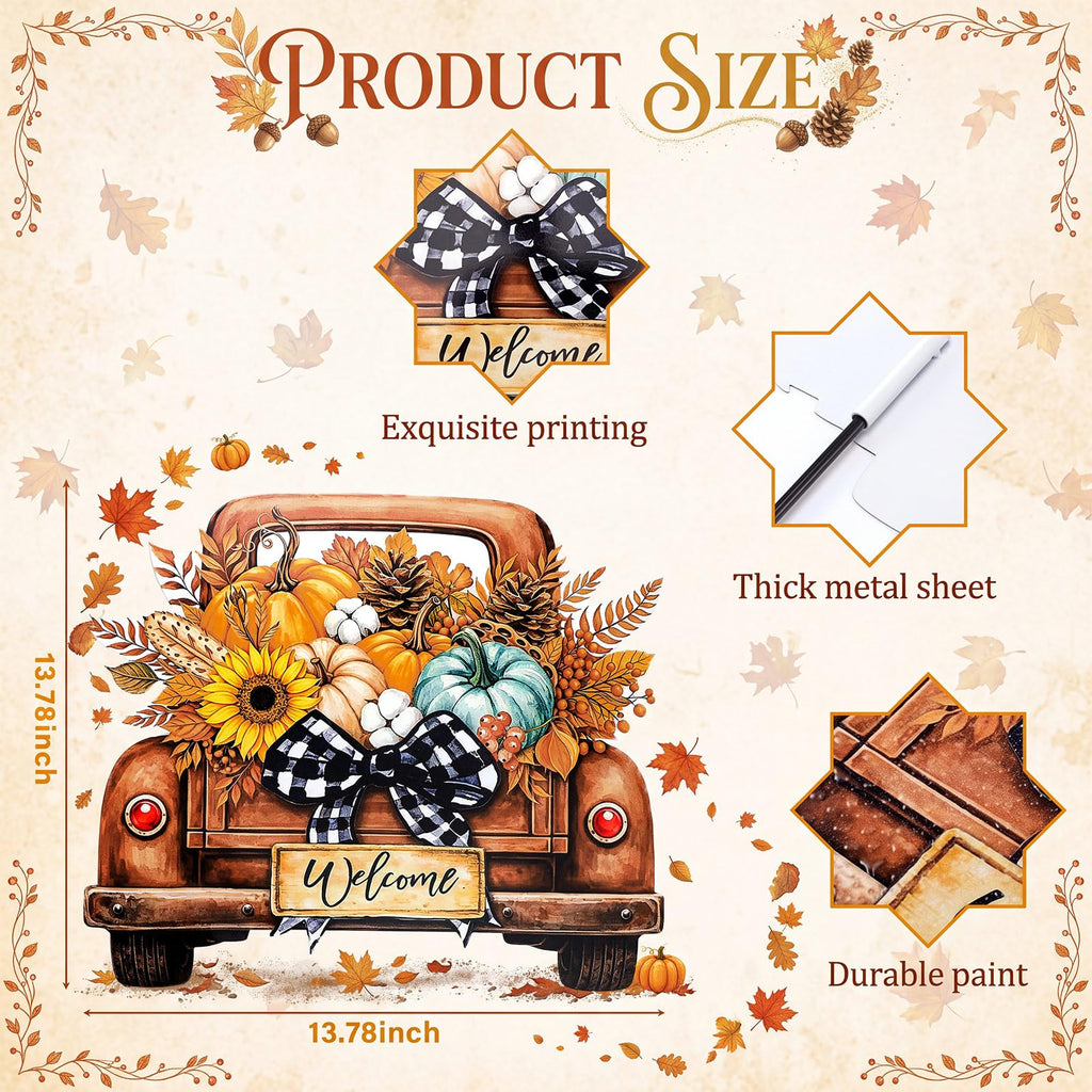 Fall Decor Outdoor Metal Pumpkin Truck Welcome Yard Sign with Bow