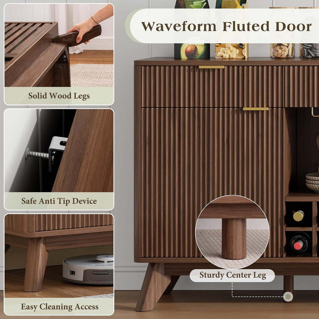 60" Wine Bar Cabinet, Coffee Bar Cabinet with Fridge, Sideboard Cabinet | Waveform Fluted Door, Adjustable Shelves, 3