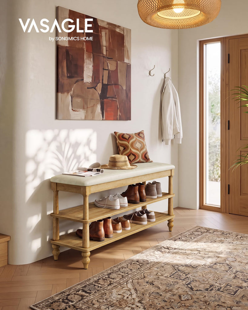 2-Tier Shoe Bench, Wooden Entryway Bench, 39.4 Inches Width