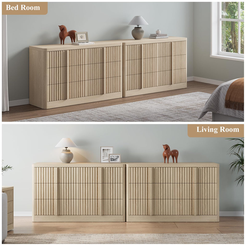 47" Wide Fluted 6 Drawer Dresser, Natural Oak