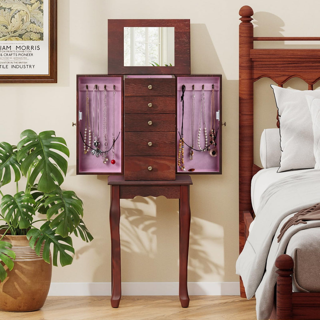 Standing Jewelry Armoire Cabinet with Top Flip Mirror, Jewelry Box Chest with 4 Drawers, Top Compartments, 8 Necklace