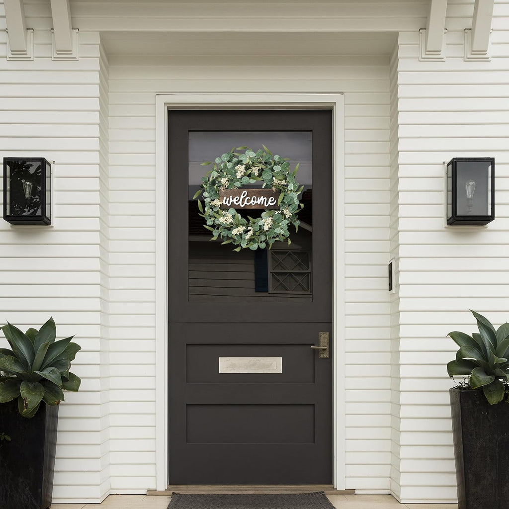 Green Eucalyptus Wreath with Welcome Sign 20in Artificial Spring Summer White Berries for Front Door Wall Window