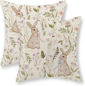 Spring Easter Pillow Covers 18x18 Inch Botanical Watercolor Floral Bunny Throw Pillows Flower Rabbit - Set of 2