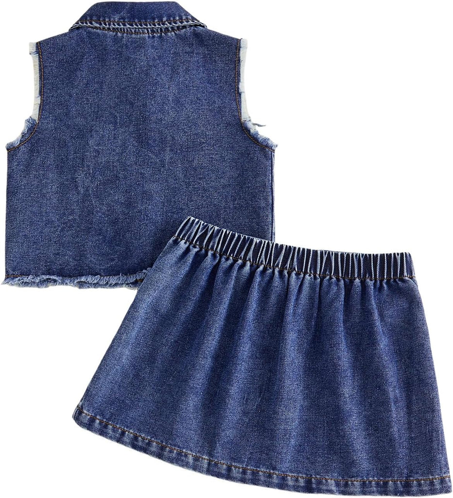 Toddler Baby Girl Denim Outfit for Kid 2Pcs Summer Fall Clothes Lapel Neck Button Up Vest Tops and Pleated Skirts Set