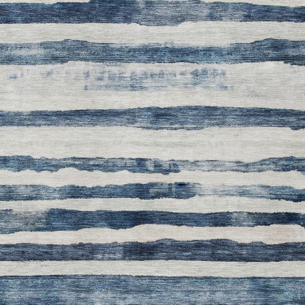 3' X 5' Denim Blue and Gray Striped Washable Indoor Outdoor Area Rug