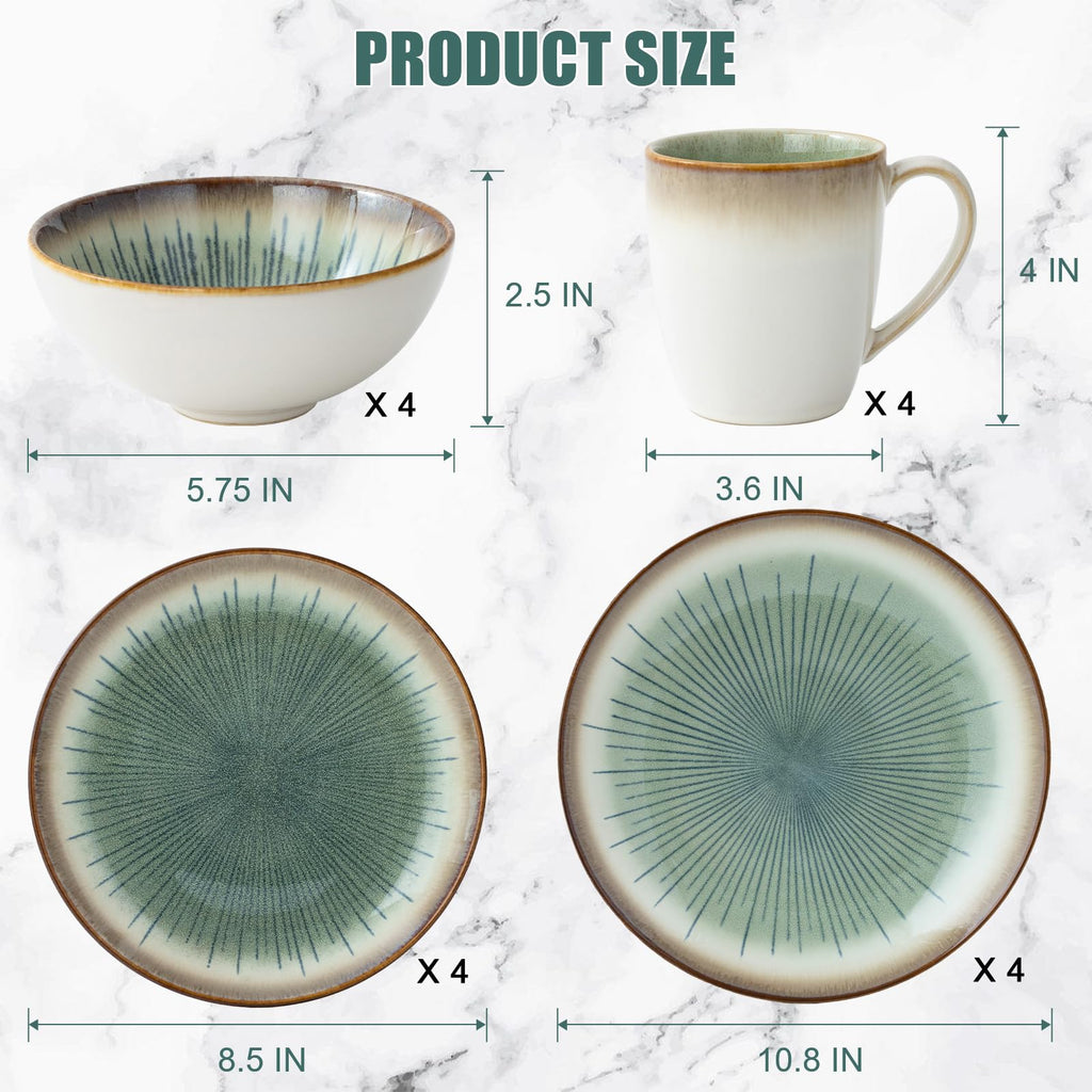 Dinnerware Set Green Stoneware 16 Pieces Service for 4, Stoneware Plates and Bowls Set Highly Chip Dishwasher