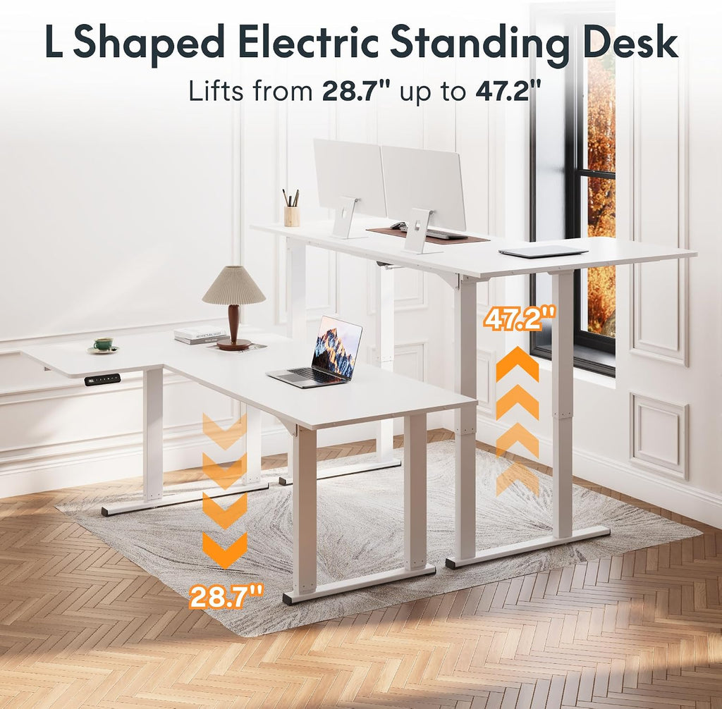 4-Leg L-Shaped Standing Desk, 71 x 43 Inches, White | Electric Height Adjustable, 220lb Load Capacity, Reversible L/R