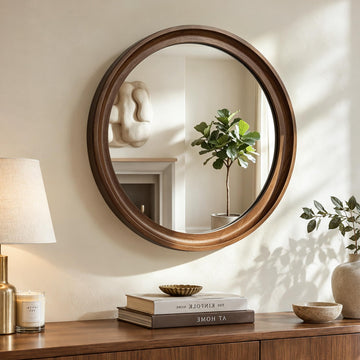 Round Wood Mirror, 22" Circle Mirror with Wooden Frame, Walnut Brown