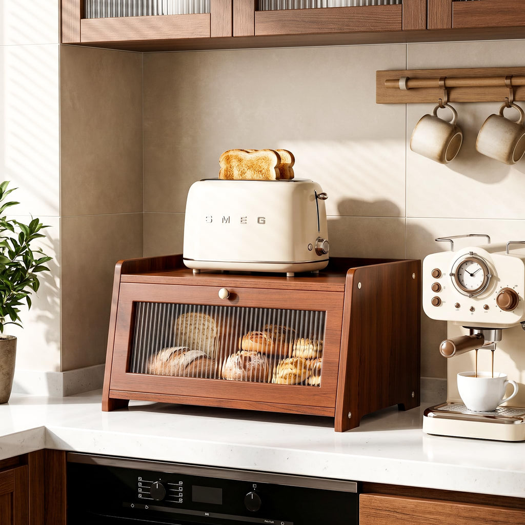 Bread Box - Wooden Countertop with Clear Acrylic View Window