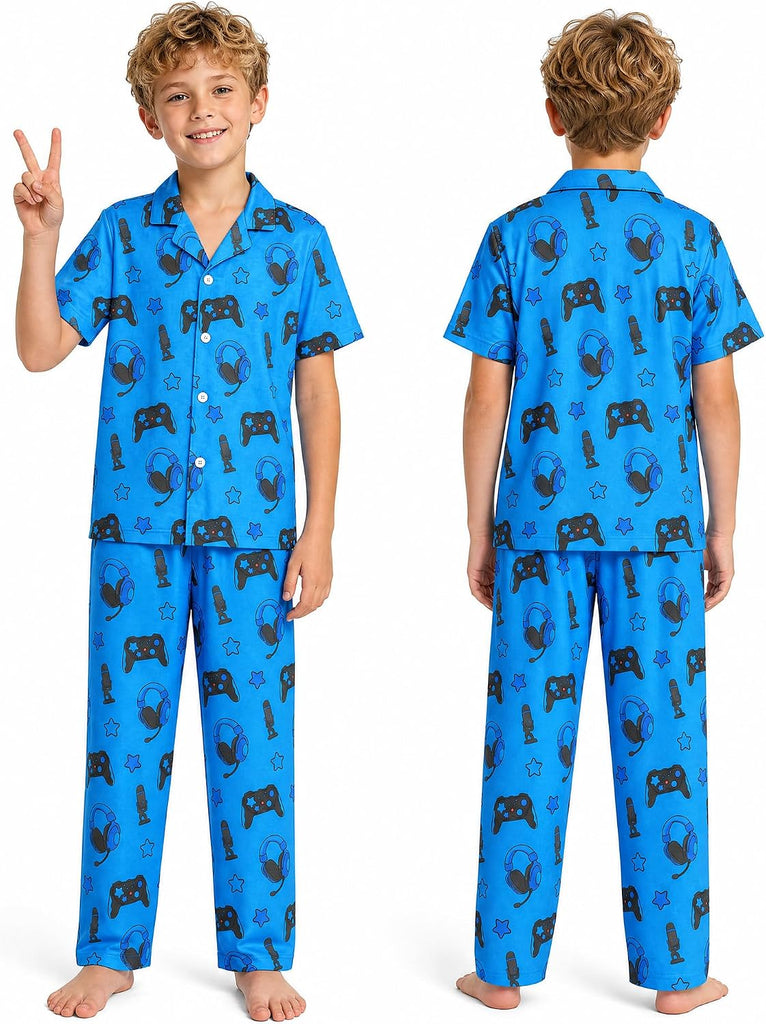 Boys Pajamas 2 Piece Set Big Boys Pjs Button Down Short Sleeve and Pants Kids Sleepwear Loungewear