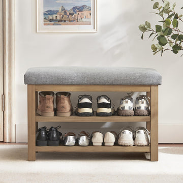 Shoe Rack Bench with Cushion, 2 Tier Solid Wood Storage Bench, Mid-Century Modern Shoe Bench, Closet, Front Door