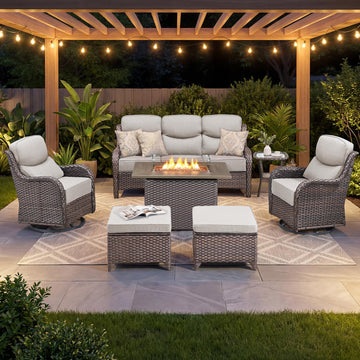 Luxury Patio Furniture Set with 6-inch Thick Cushion, Outdoor Furniture with Fire Pit Table, Swivel Chairs, Sofa