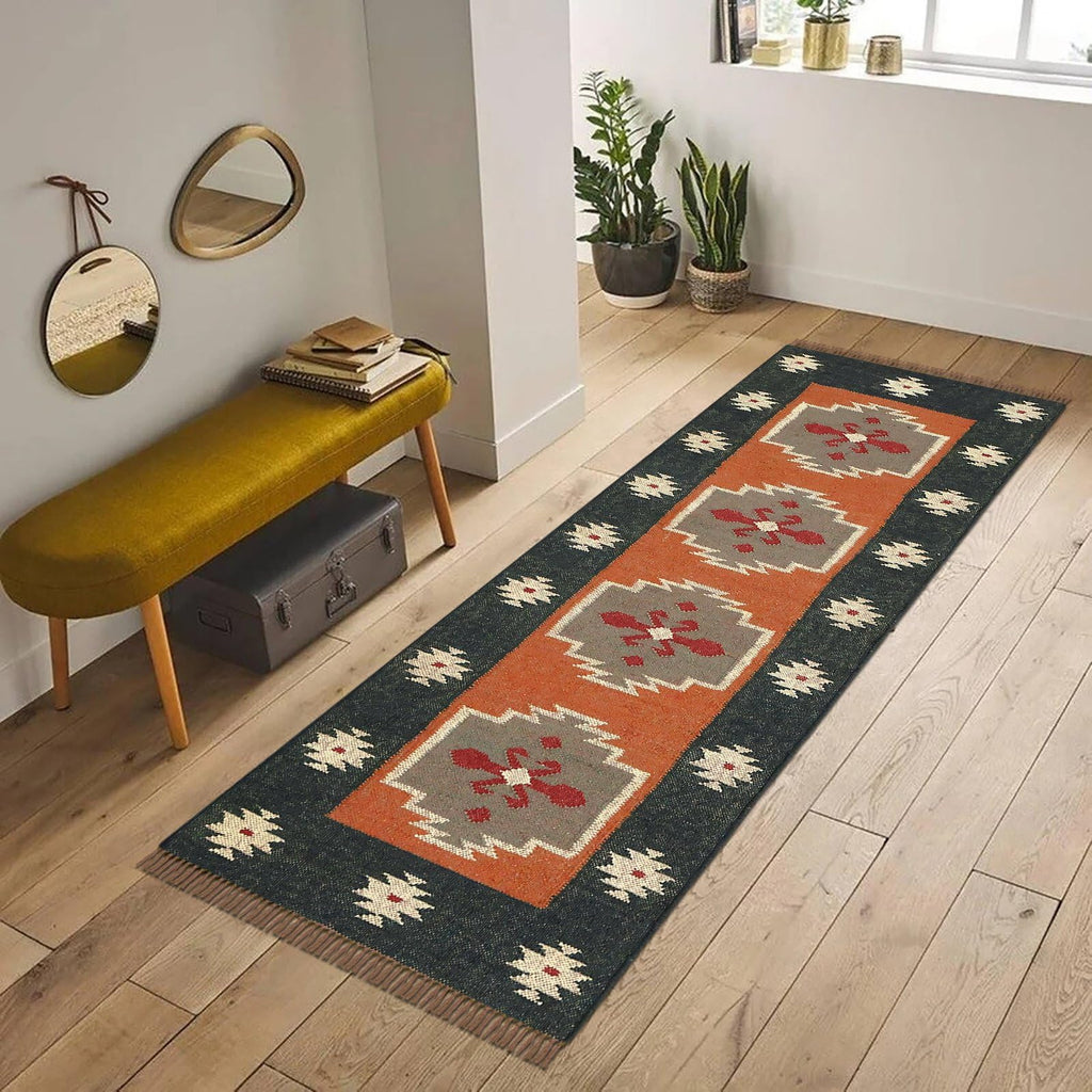 Kilim Runner 2x6 Reversible Southwestern Wool Jute Runner Geometric Design Brown Black Flatweave Carpet Thick 0.19"