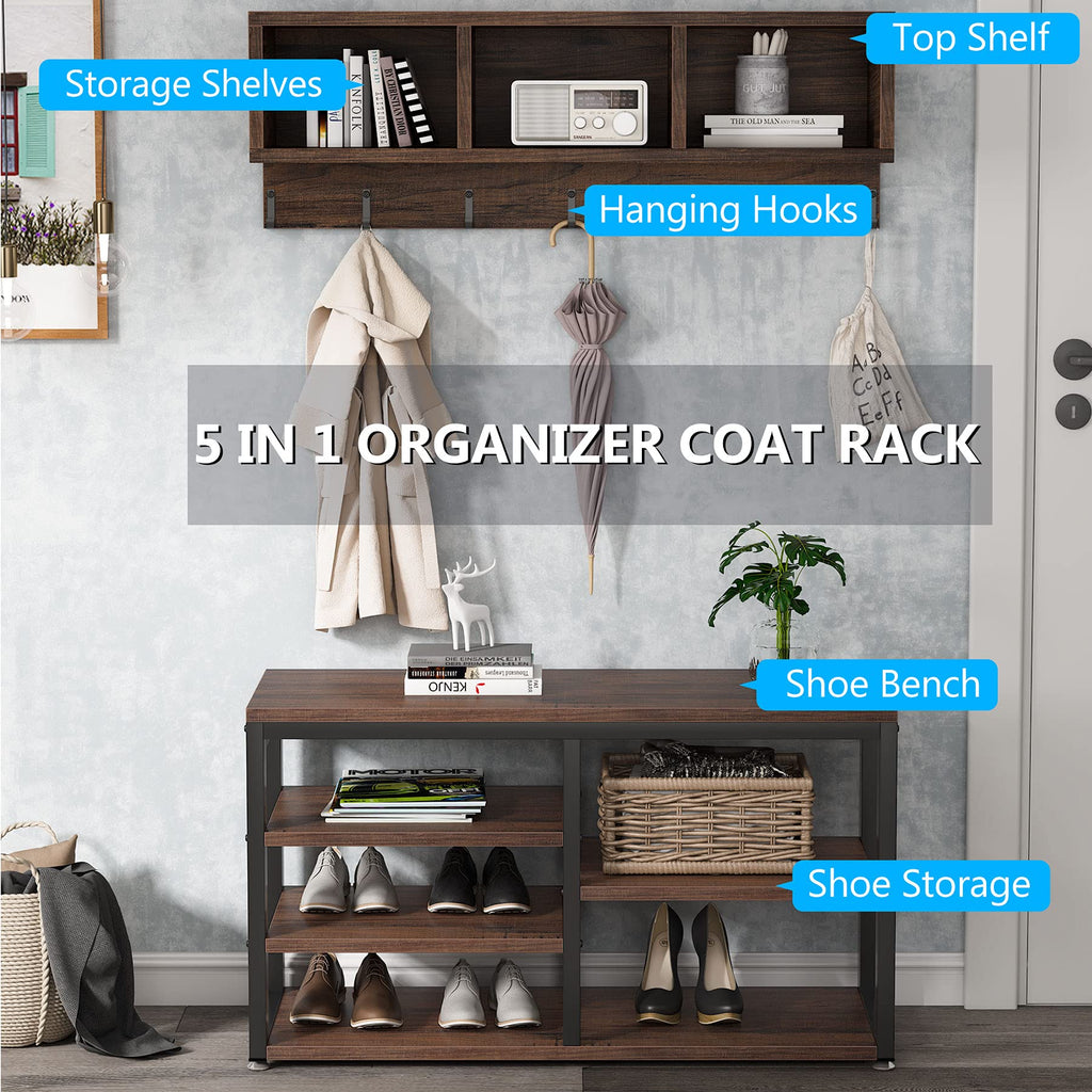 Industrial [Shoe] [Rack] [Bench] with Coat [Rack] Set with Hall Tree, 3 Storage Cubbies, 7 Hooks, 5-in-1Design