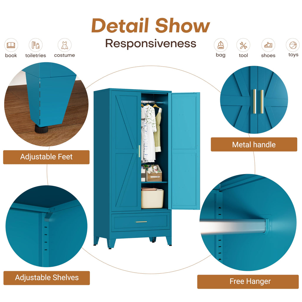71" Metal Wardrobe Closet Clothing Storage Cabinet with 1 Drawers