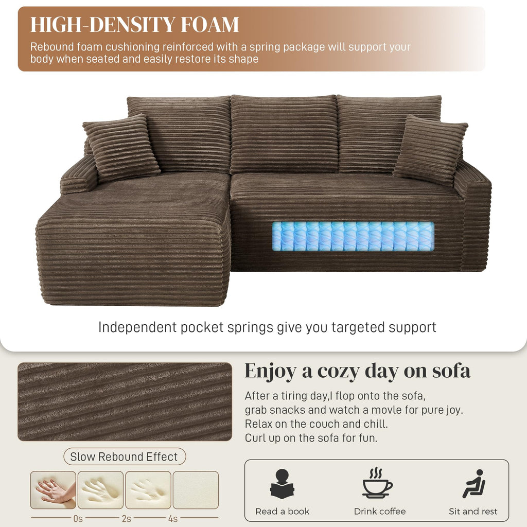 85" L Shaped Cloud Boneless Sectional Couches, Modern Comfy Modular Deep Seat Memory Foam Compressed Corduroy Sofa