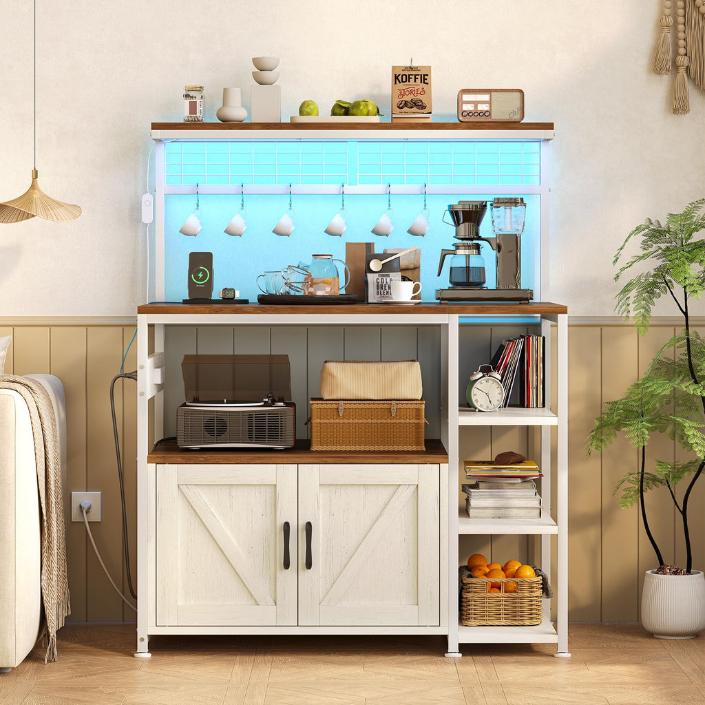 Bakers Rack with Power Outlet and LED Light, Microwave Stand with Storage Cabinet, Coffee Bar Cabinet Station with 6