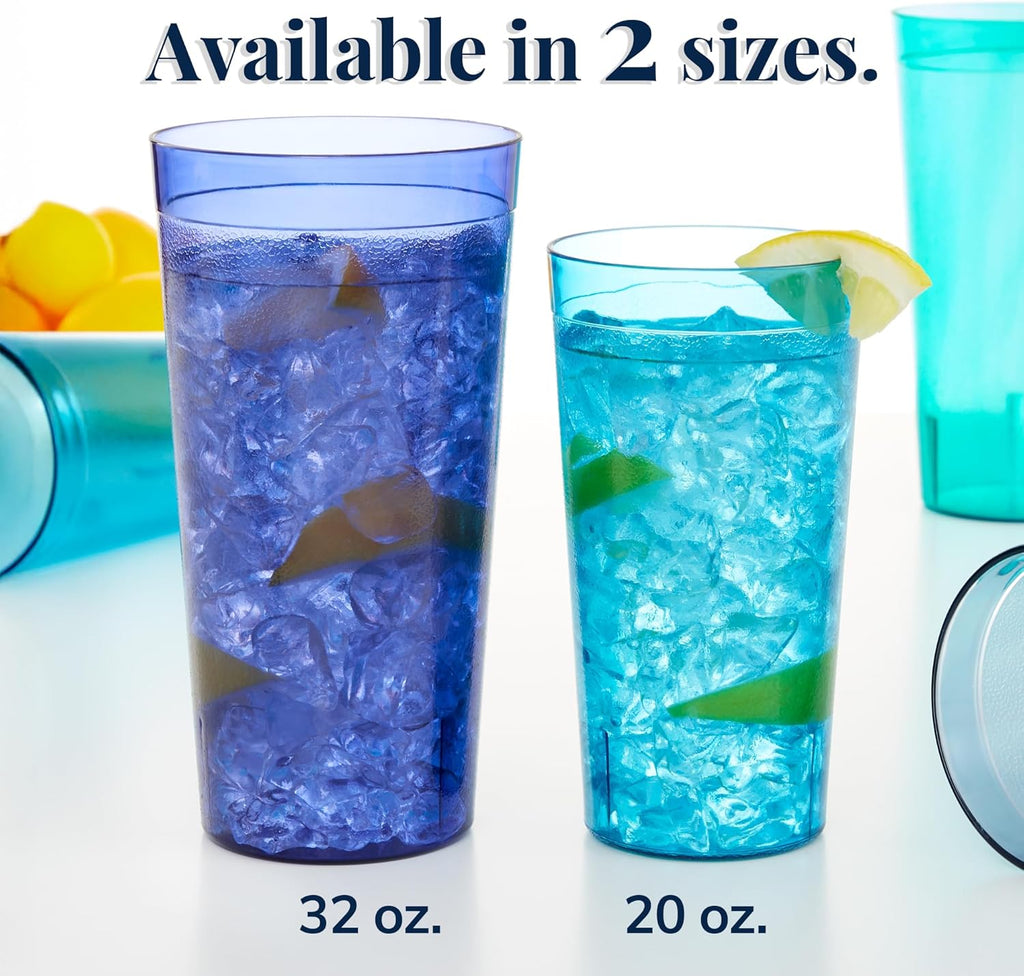 Cafe Plastic Reusable Tumblers (Set of 16) 20-ounce Water Cups Coastal Colors | Restaurant Style Drinking Glasses