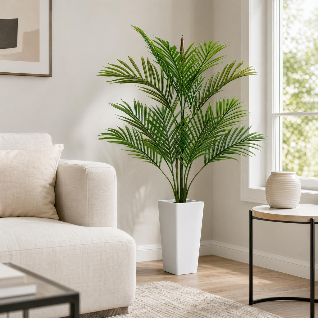 4.5FT Artificial Palm Tree, Tall Faux Plants Indoor Tropical Areca with White Planter and Lifelike Leaves, Fake