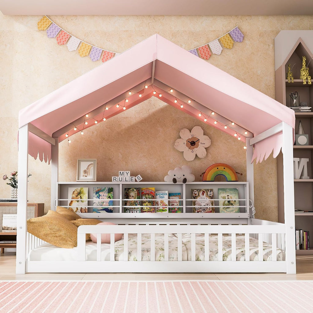 House Floor Bed with Storage Shelves for Kids, Wooden Montessori Floor Bed with Fence, LED Light, and