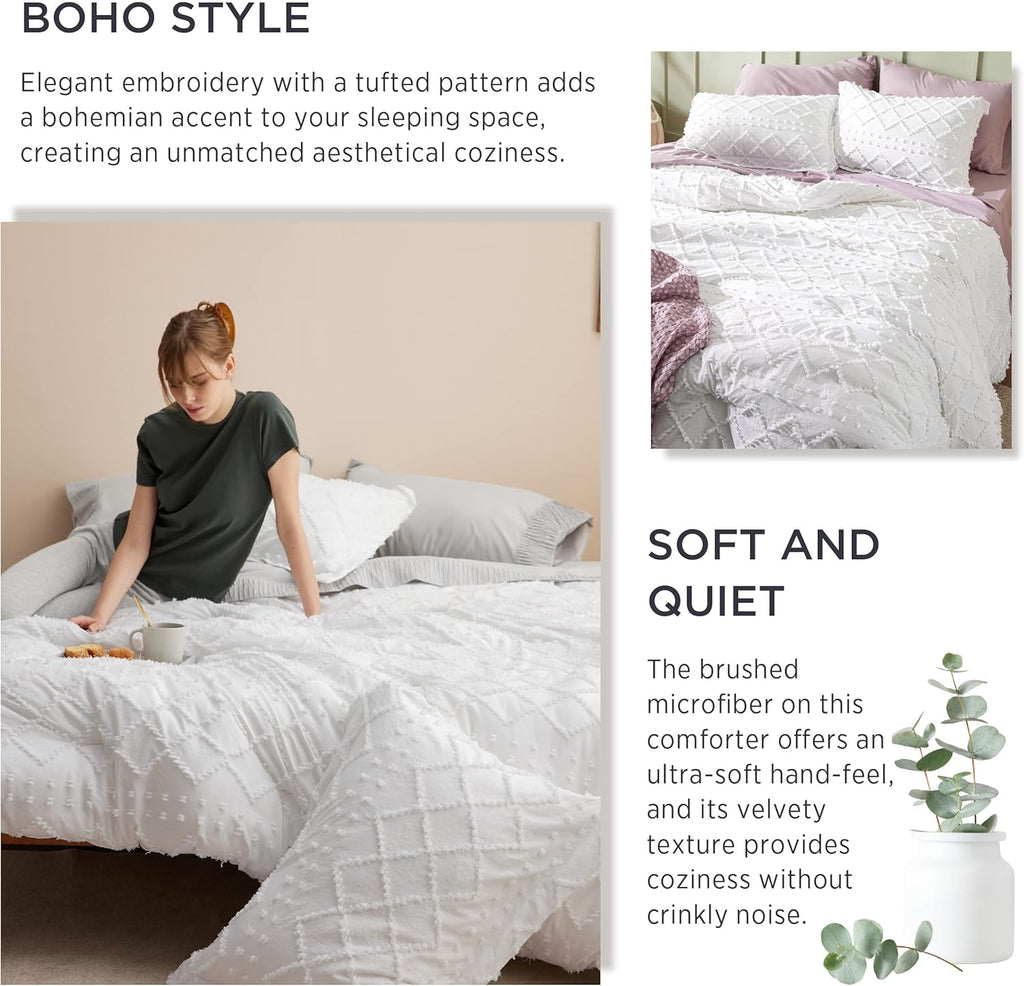 Queen Comforter Set - White Comforter, Boho Tufted Shabby Chic Bedding Comforter Set for Kids