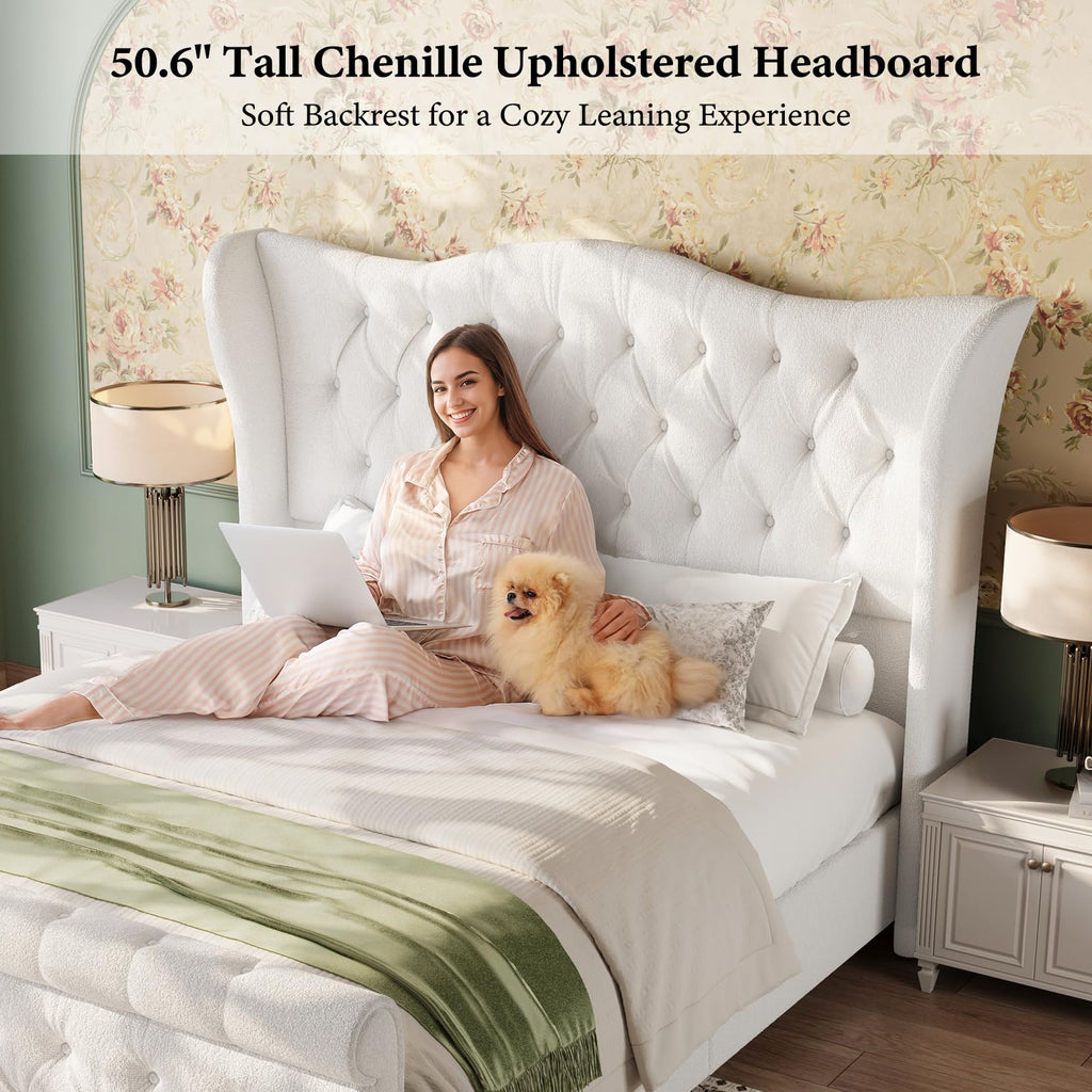 Bed Frame Upholstered Wingback Headboard Sleigh Footboard