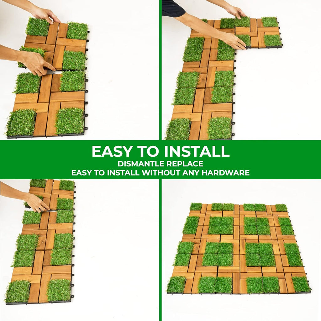 12''x12''0.94" Artificial Grass with Acacia Wood Deck Tiles Home Decor Patio Decor Kitchen Tile - Outdoor Fake Grass