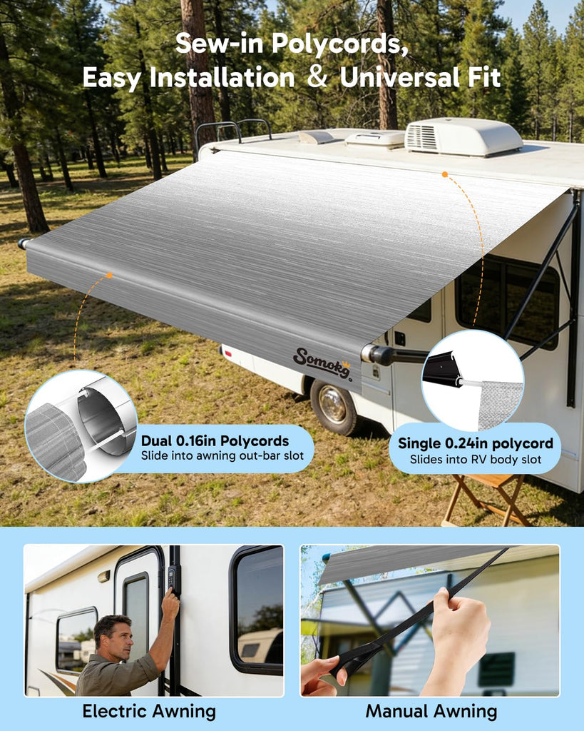 RV Awning Fabric Replacement, 19.5oz Heavy-Duty Vinyl Camper Awning, Heat-Sealed Seamless, DIY Setup, UPF 50+