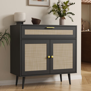 Rattan Sideboard Buffet, Boho Kitchen Cabinet with Drawer & 2 Doors, Modern Mid Century Accent Cabinet with