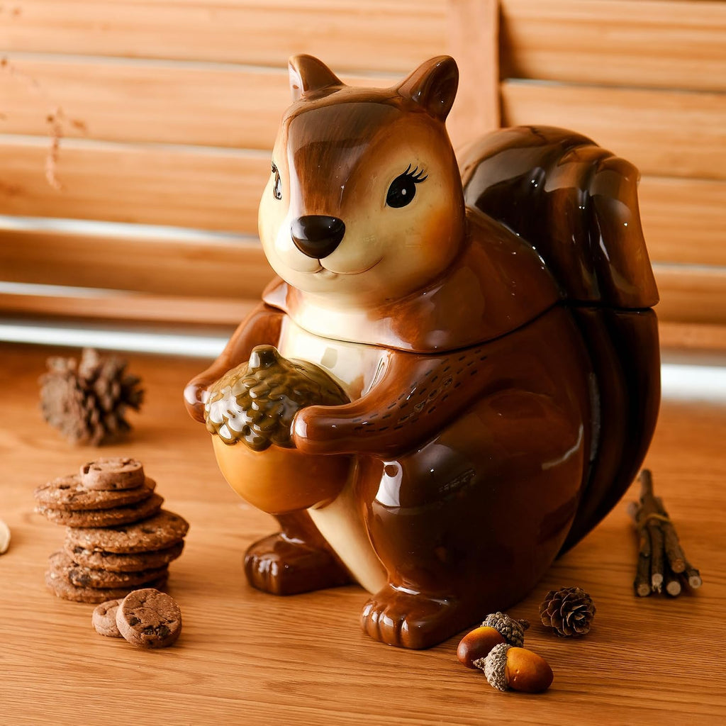 Squirrel 8 inch Air Tight Cookie Jar, Hand Painted Ceramic Container, Dishwasher Safe