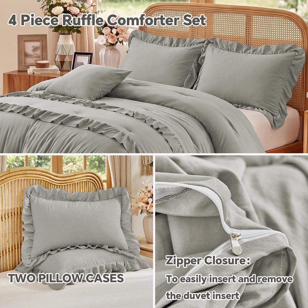 Grey Ruffle Comforter, 4 Pieces Farmhouse Bedding Set