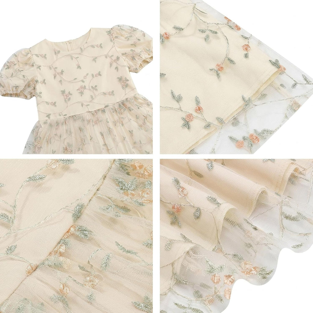 Kids Girls Short Sleeve Embroidery Floral Lace Tulle Dress