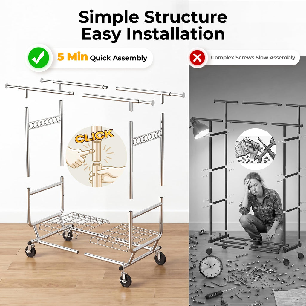 Clothes Rack Heavy Duty Clothing Rack Load 650 LBS Collapsible Garment Rack with Wheels Double Rod Clothes Rack for