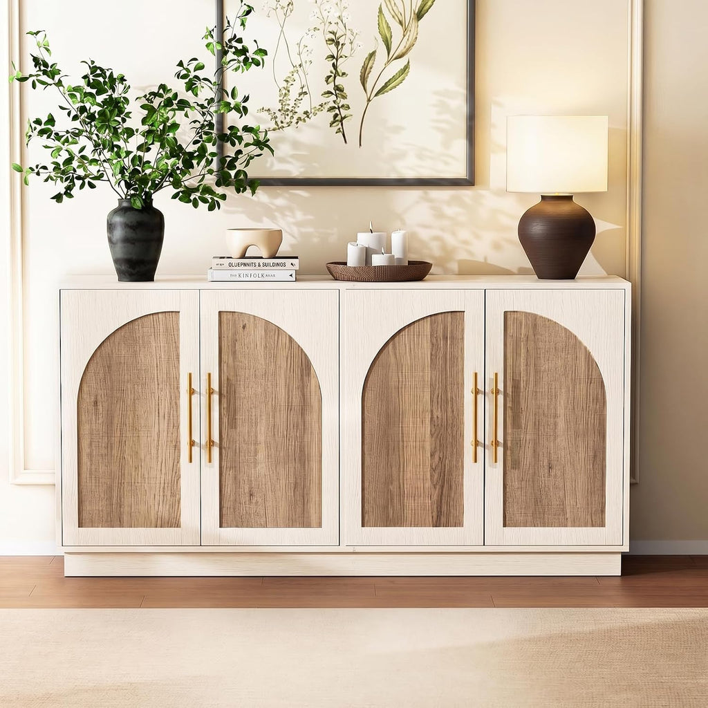 62'' Mid Century Modern Buffet Cabinet with Arch Doors, White and Natural | Adjustable Shelves, Gold Metal Handle