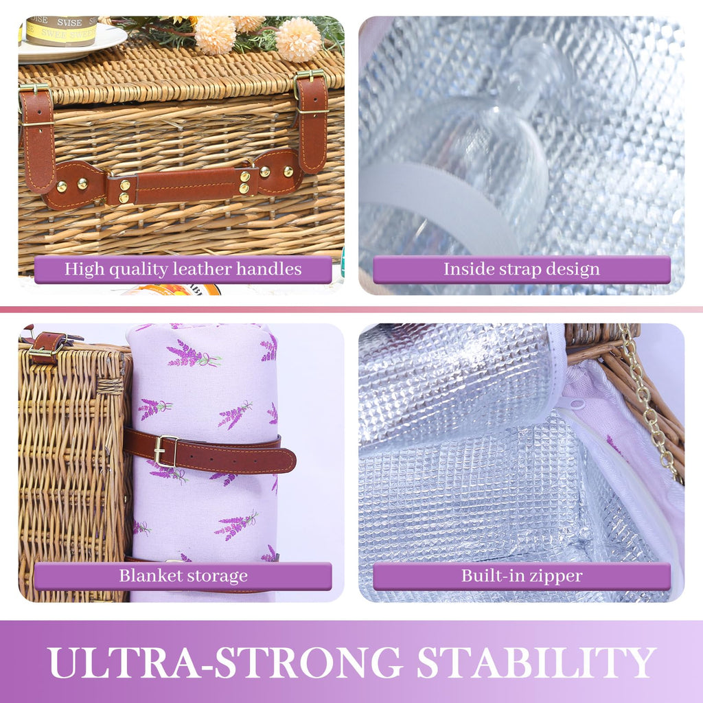 Wicker Picnic Basket for 4, Insulated Set with Blanket