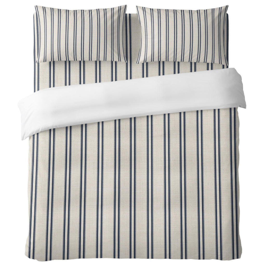 Blue Ticking Stripe 4 Piece Duvet Cover Set, Coastal Vertical Lines Khaki Comfort Bedding Set Include 1