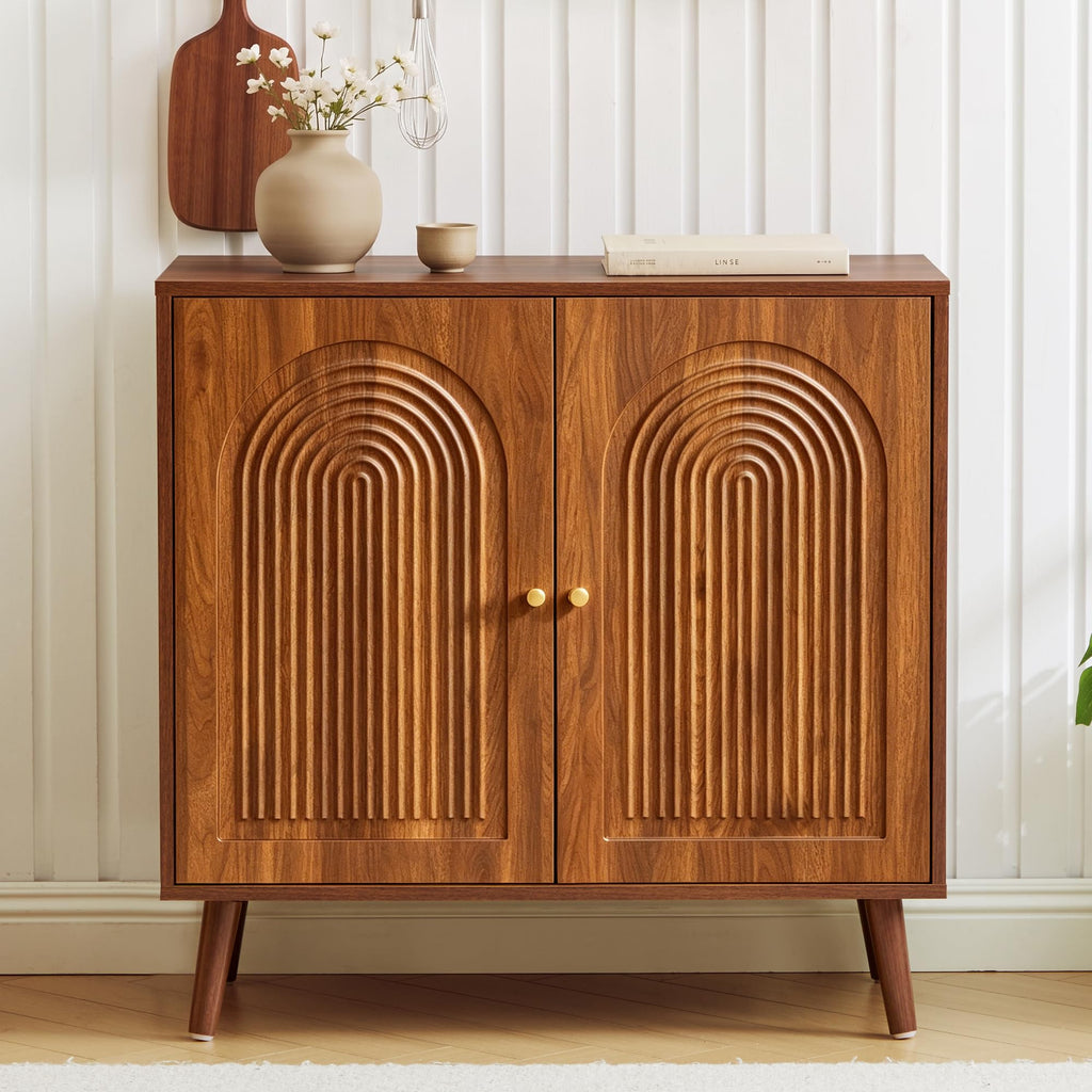 31.5" Accent Storage Cabinet, Arched Fluted 2-Door Sideboard (Walnut)