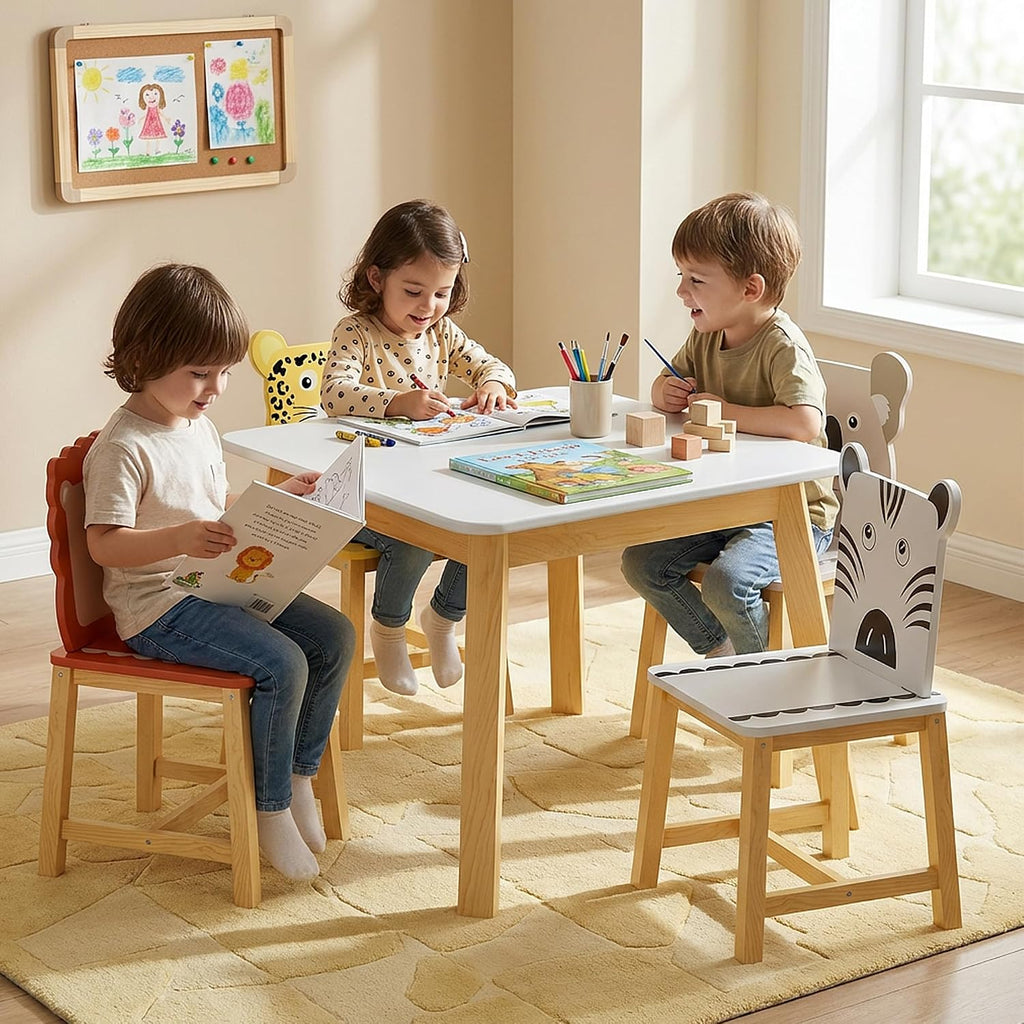 Kids Table and 4 Chairs, Wooden Stable Table and Chair Set (Elephant&Leopard&Lion&Zebra), Ideal for Arts & Crafts