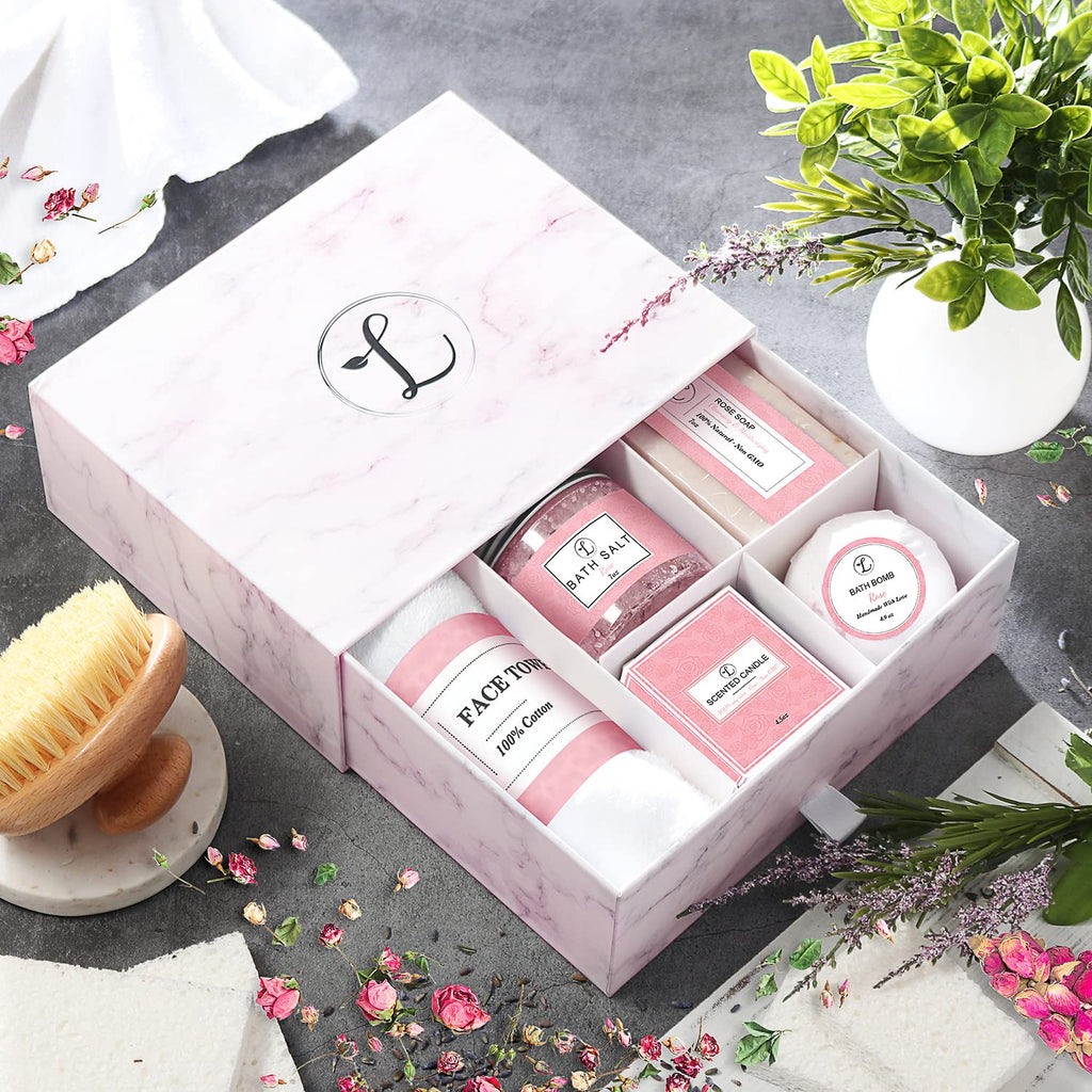Spa Gift Set 100% Natural, Gift Box Includes: Bath Bomb, Bath Salt, Hand Soap, Scented Candle, Face Cloth and Gift