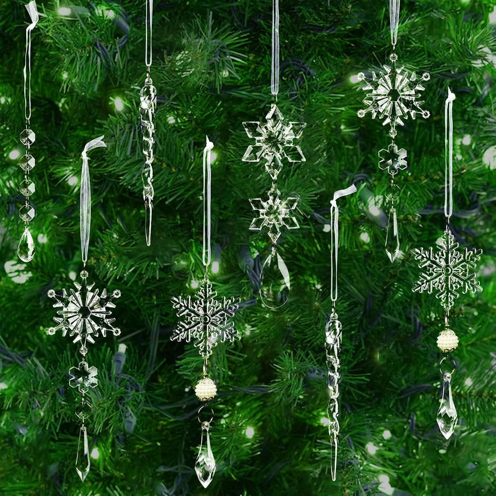 Crystal Christmas Tree Ornaments, Clear Acrylic Snowflake & Icicle - Set of 18