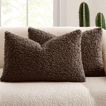 Decorative Faux Fur Pillow Covers Lumbar Sherpa 12x20 Chocolate