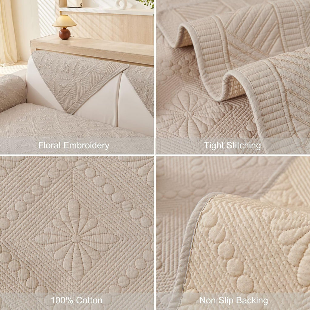 Boho Cotton Quilted Sofa Couch Cover Washable Soft Non Slip Sectional Couch Covers Floral Embroidery Sofa Slipcover