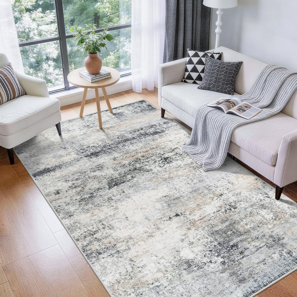 Abstract Washable Indoor Rug 4x7: Non Slip Runners Blue Grey