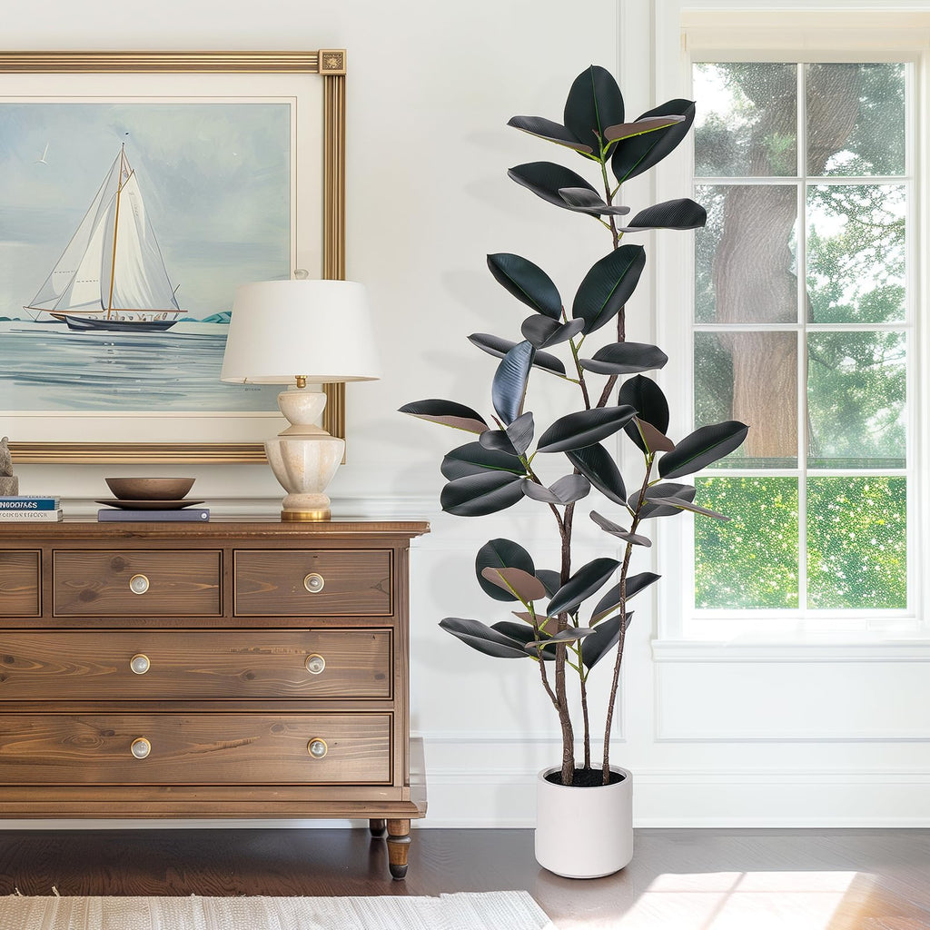 Artificial Rubber Tree - 6 FT Tall Fake Tree with Pot - Large Artificial Plants Indoor, Lifelike Branches & Foliage
