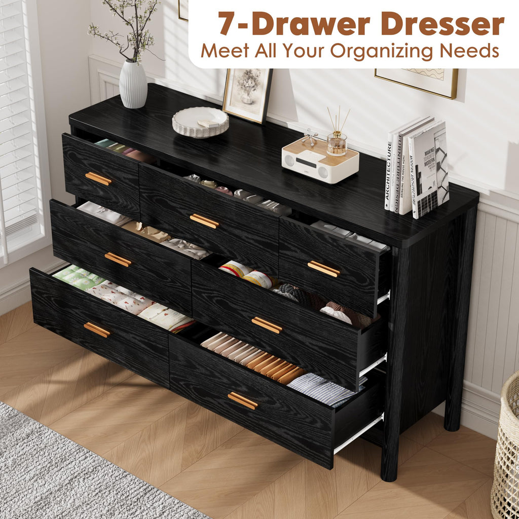 7 Drawer Dresser, Modern Wooden Storage Chest of Drawers, Black